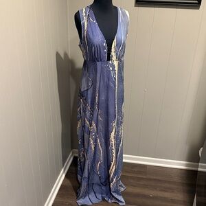Made with Love A-Line Contemporary Formal Chic Blue and Gold Maxi Dress